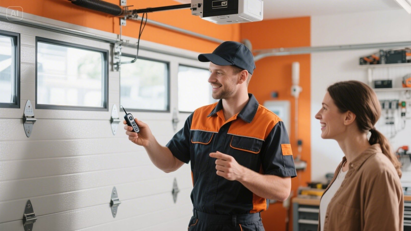 Garage Doors technician is programming a remote